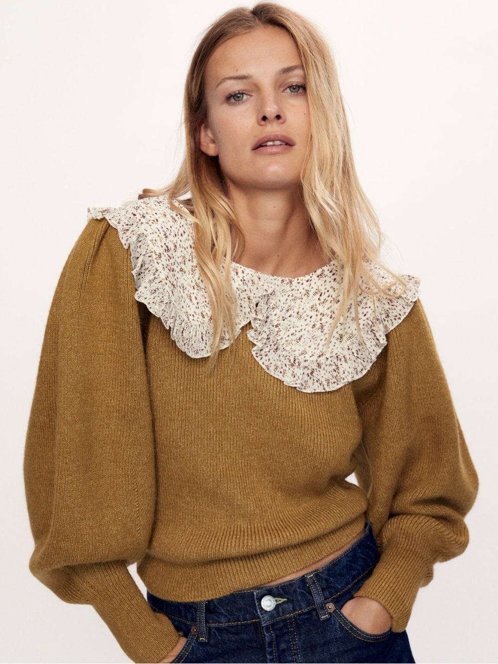 Zara Mustard Knit Sweater with Cream Floral Ruffle Collar